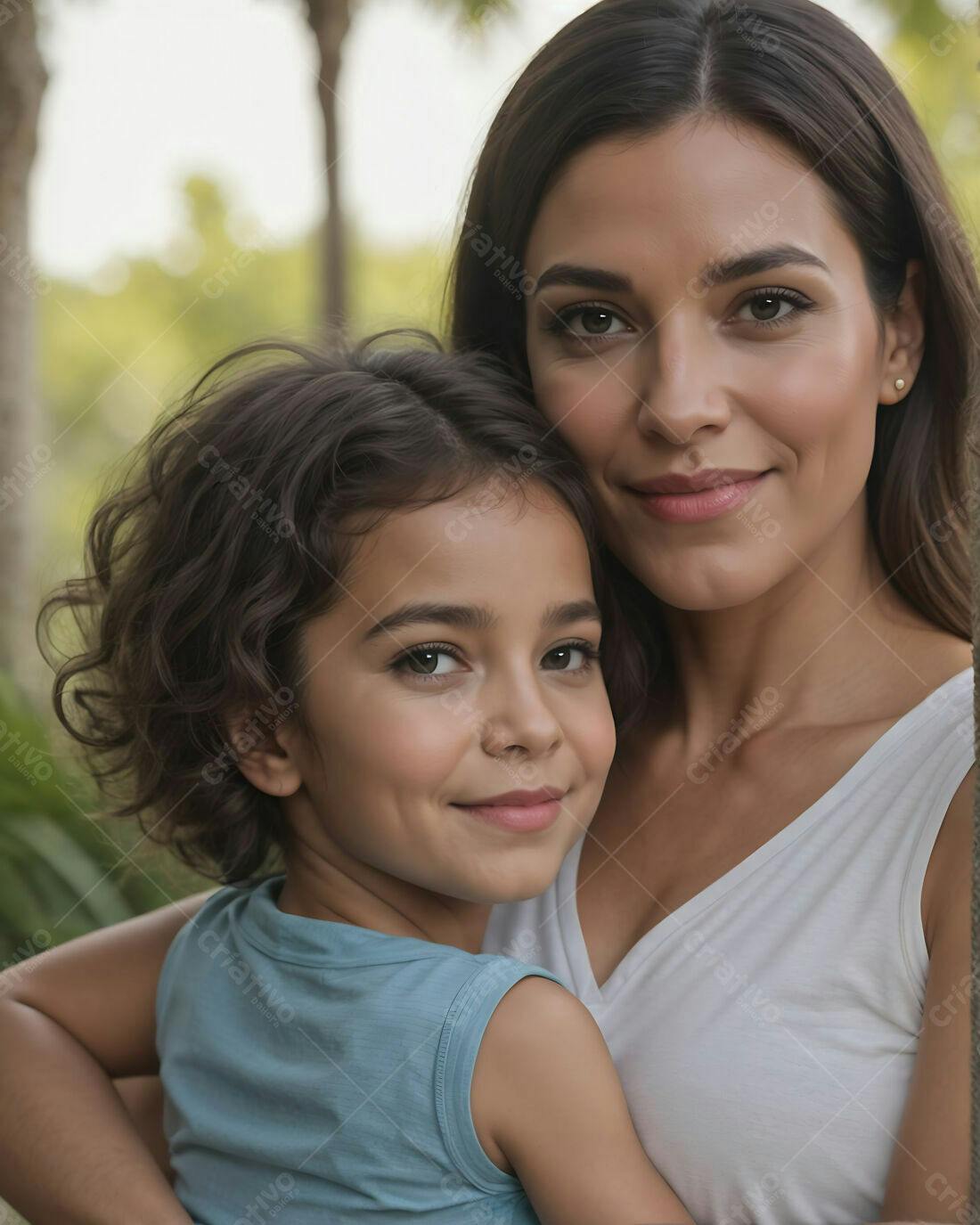 Mãe e filha abraçadas em jardim