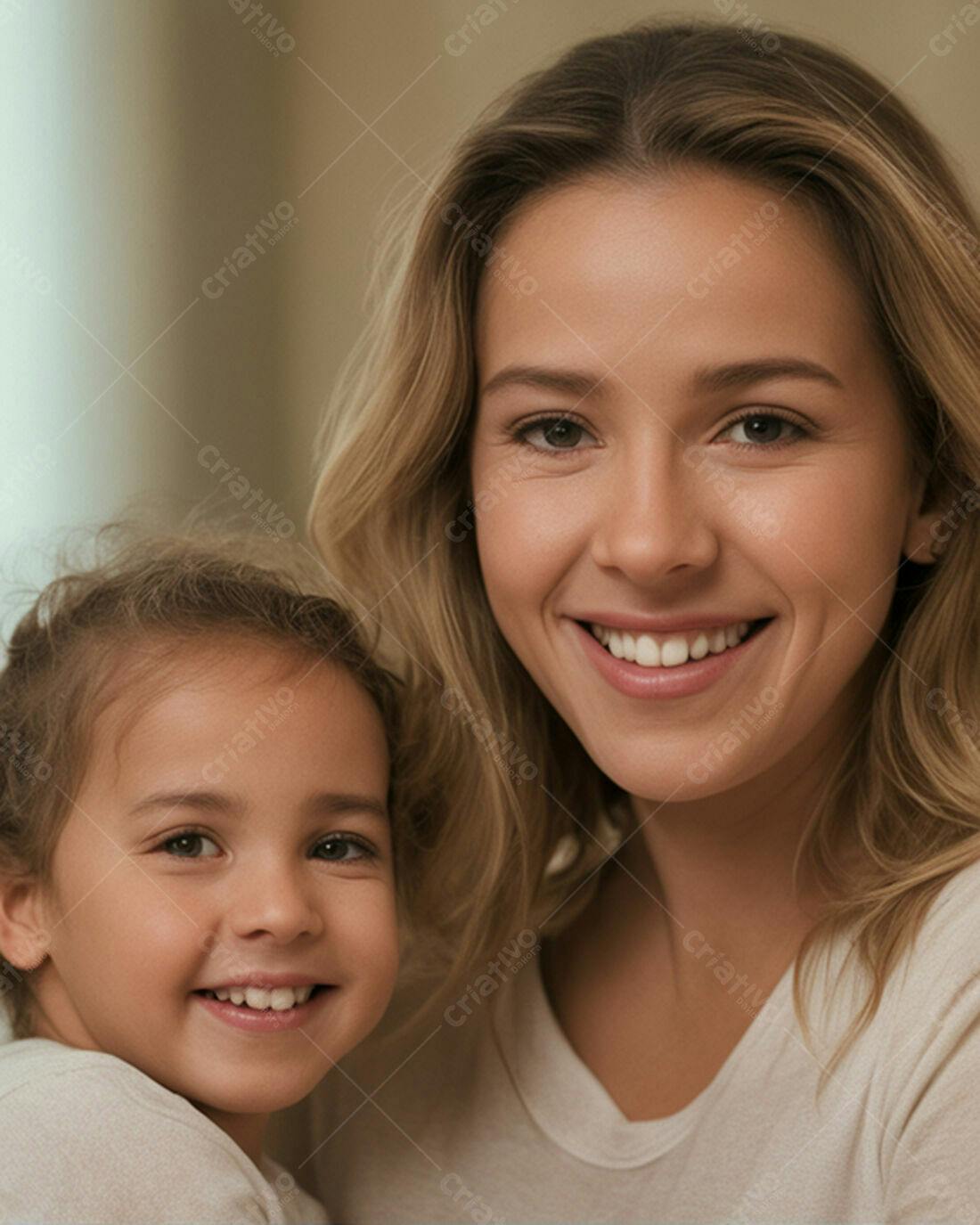 Mãe e filha sorrindo juntas em casa