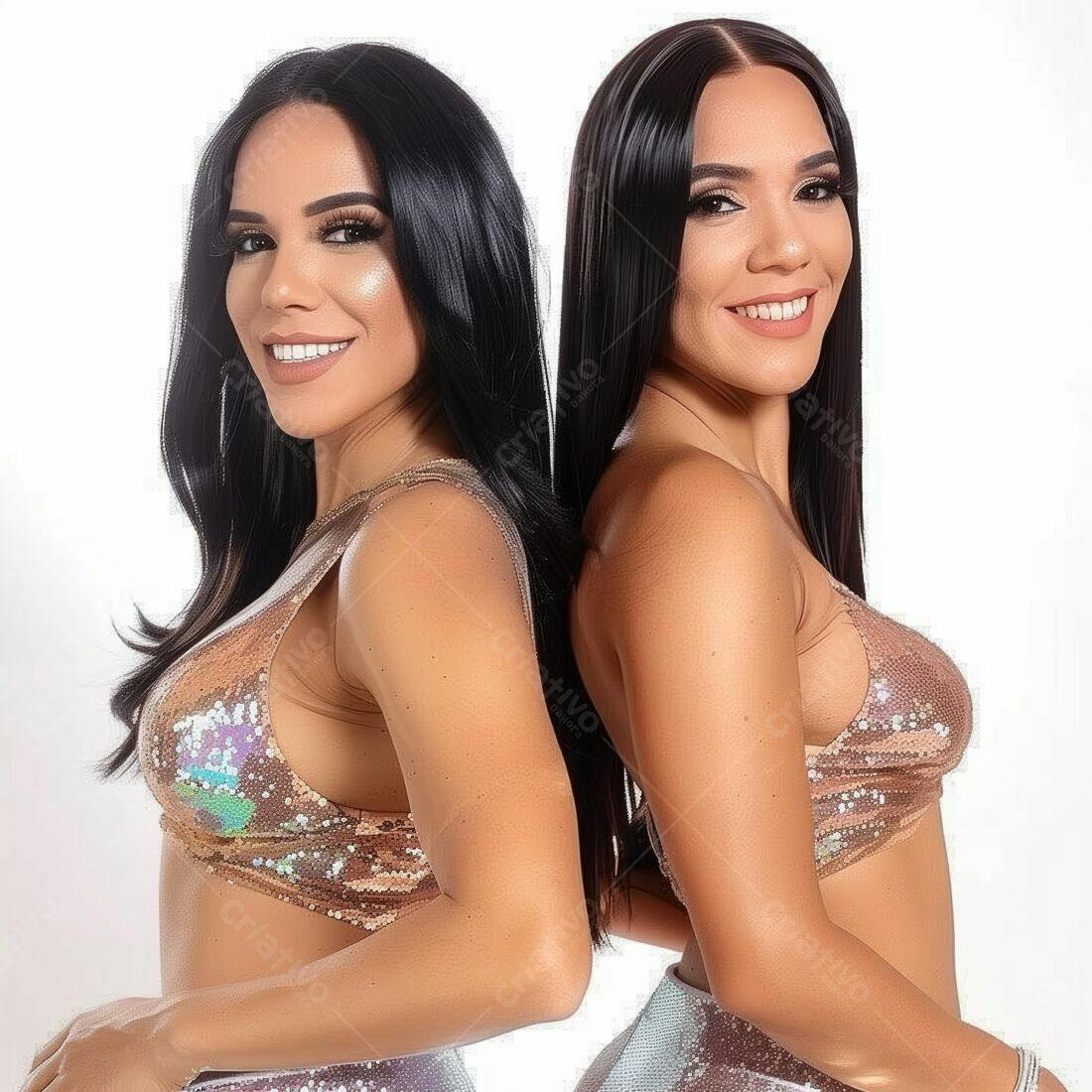 Duas mulheres com cabelo preto e tops dourados