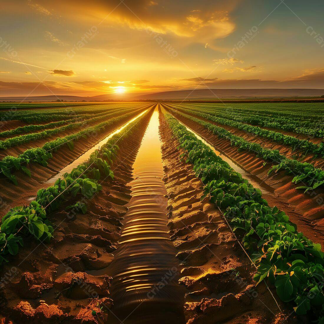 Plantação irrigada ao pôr do sol