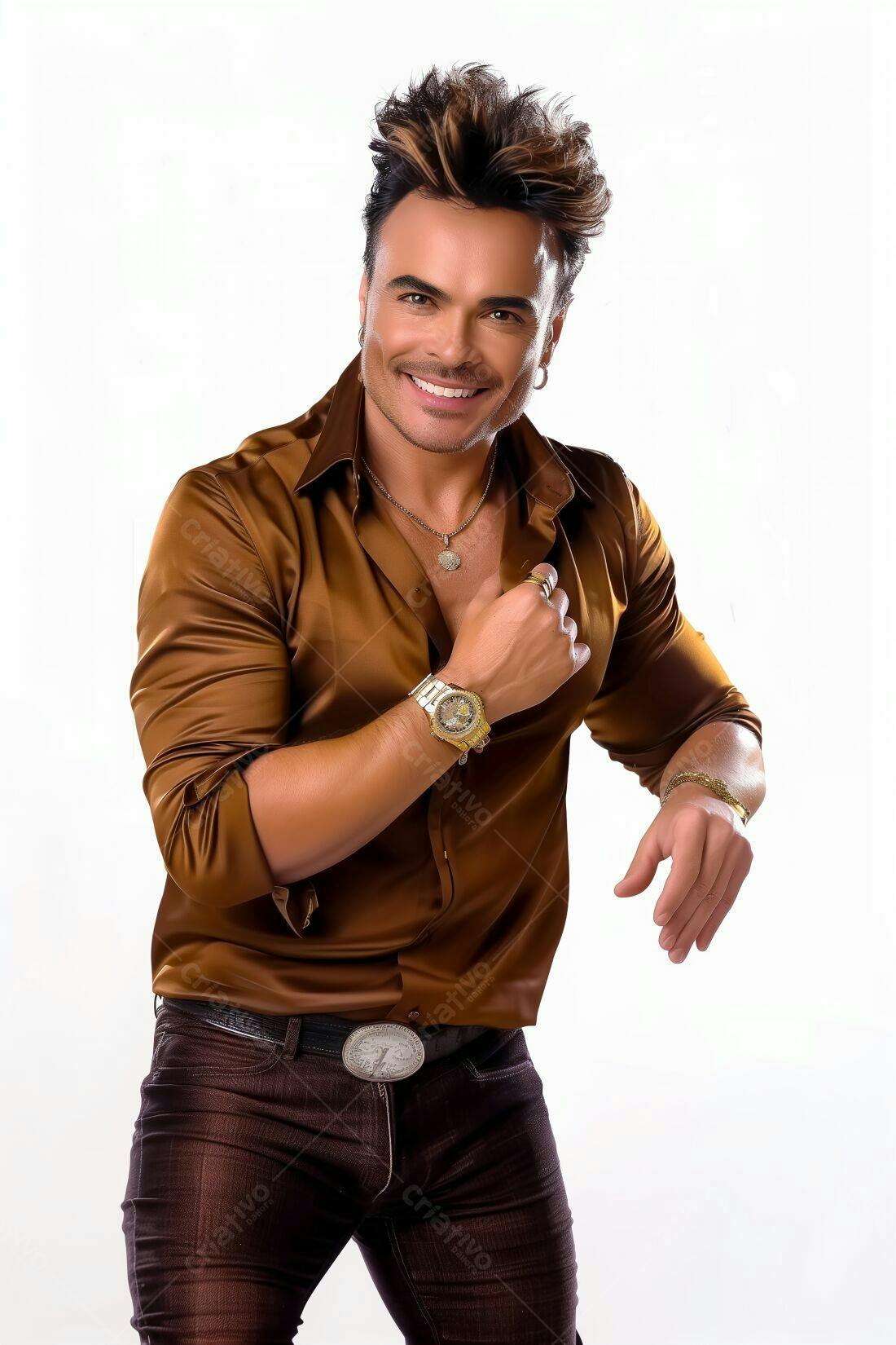 Homem sorrindo camisa marrom estúdio