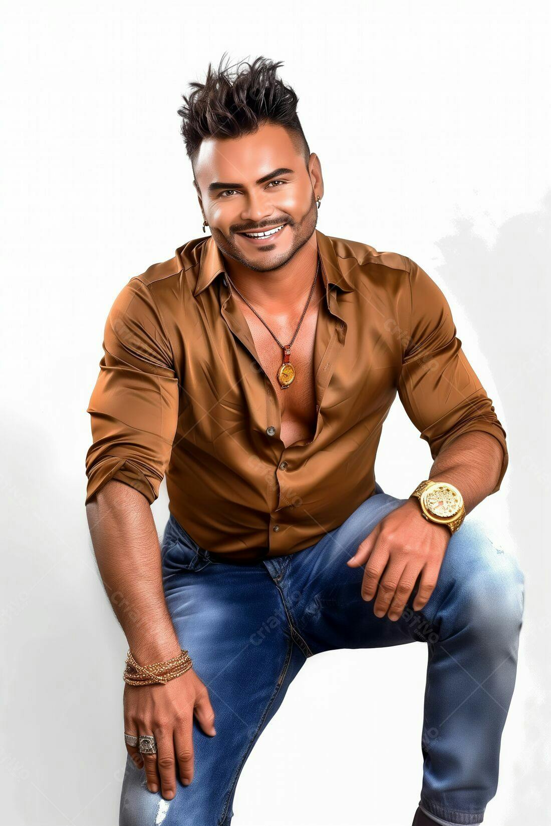Homem sorridente camisa marrom jeans