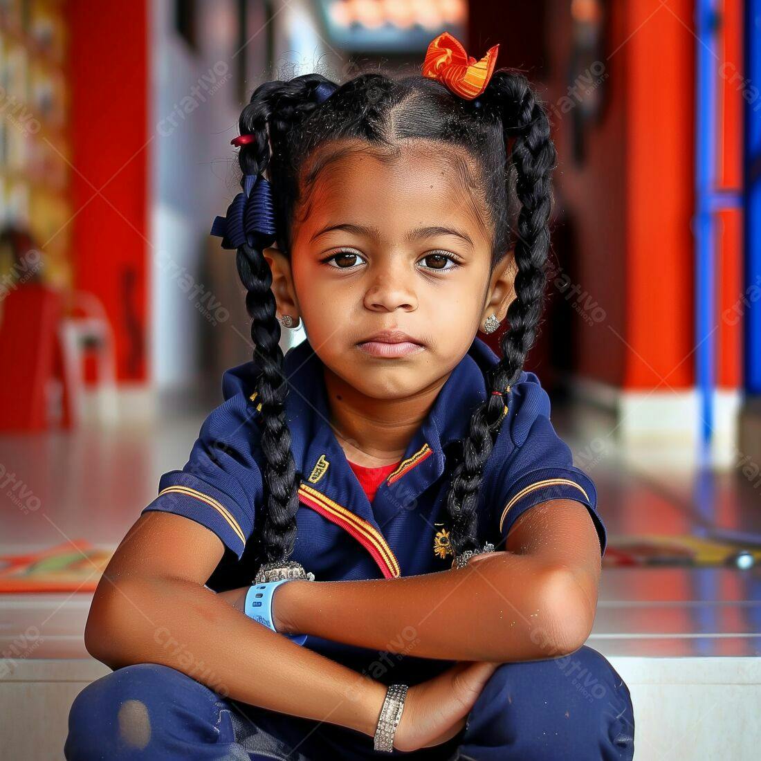 Menina negra com tranças sentada em ambiente escolar