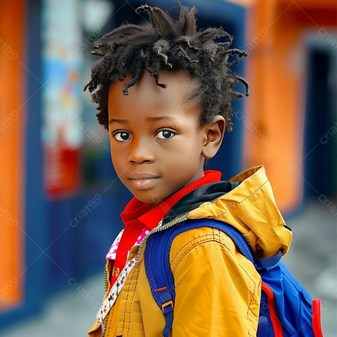 Criança africana com mochila amarela e azul
