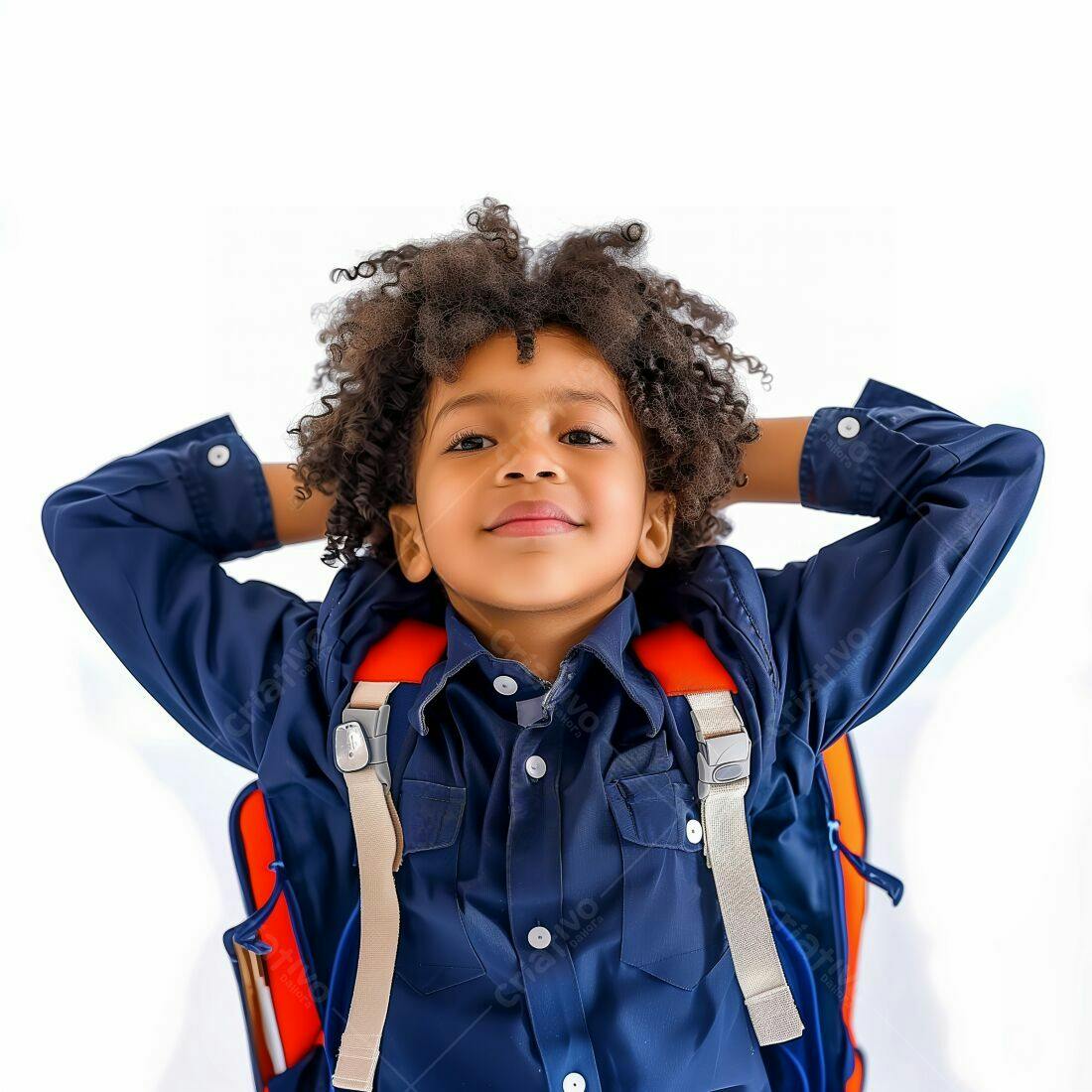 Menino com mochila relaxado fundo branco