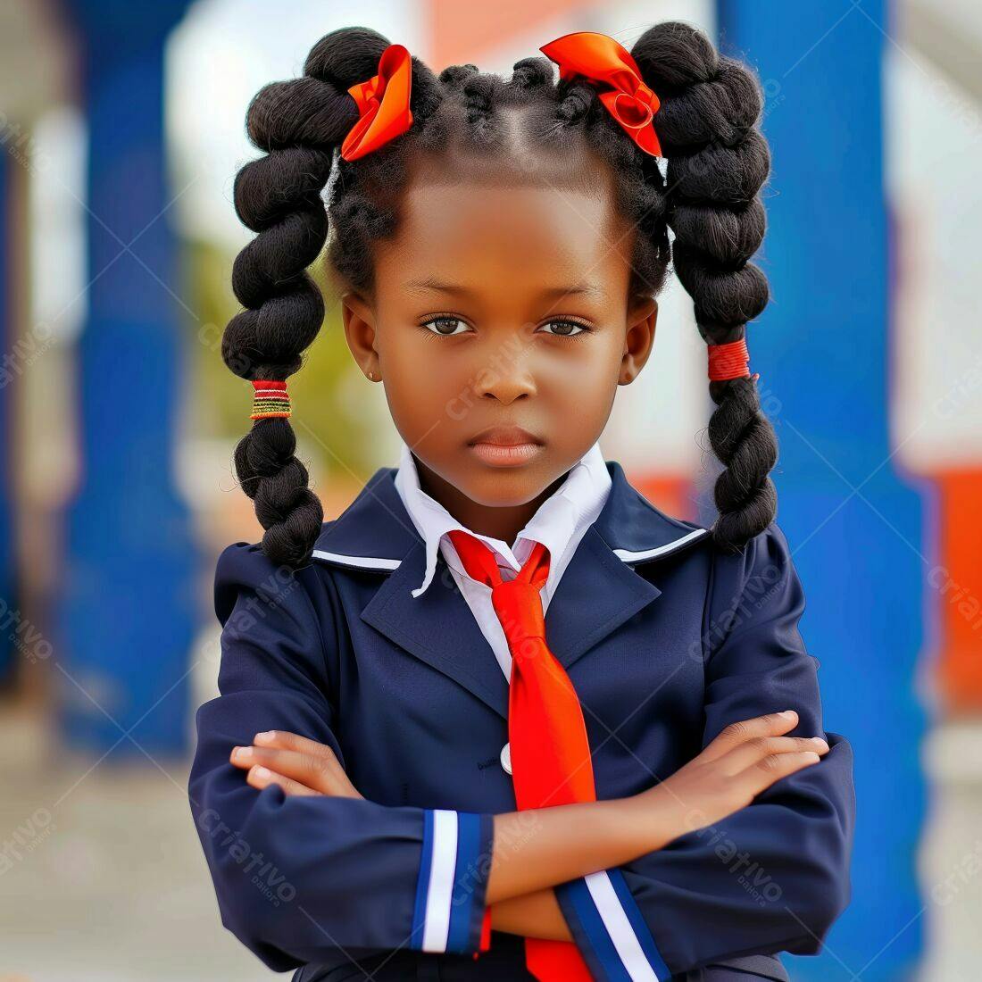 Menina negra com uniforme escolar e laços vermelhos