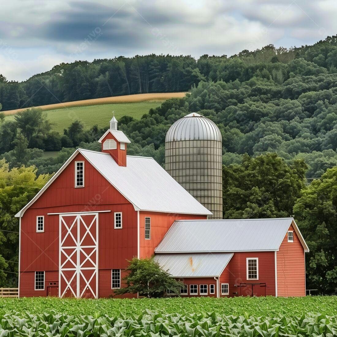 Celeiro vermelho em paisagem rural