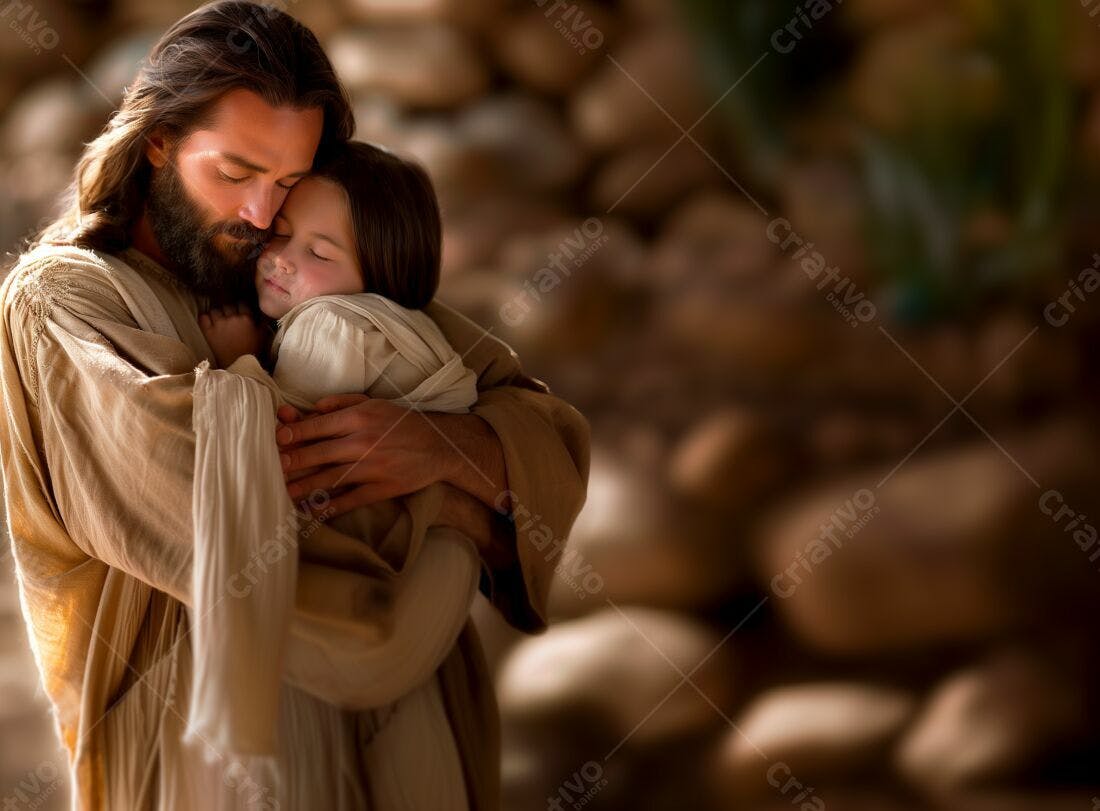 Jesus abraçando criança dormindo