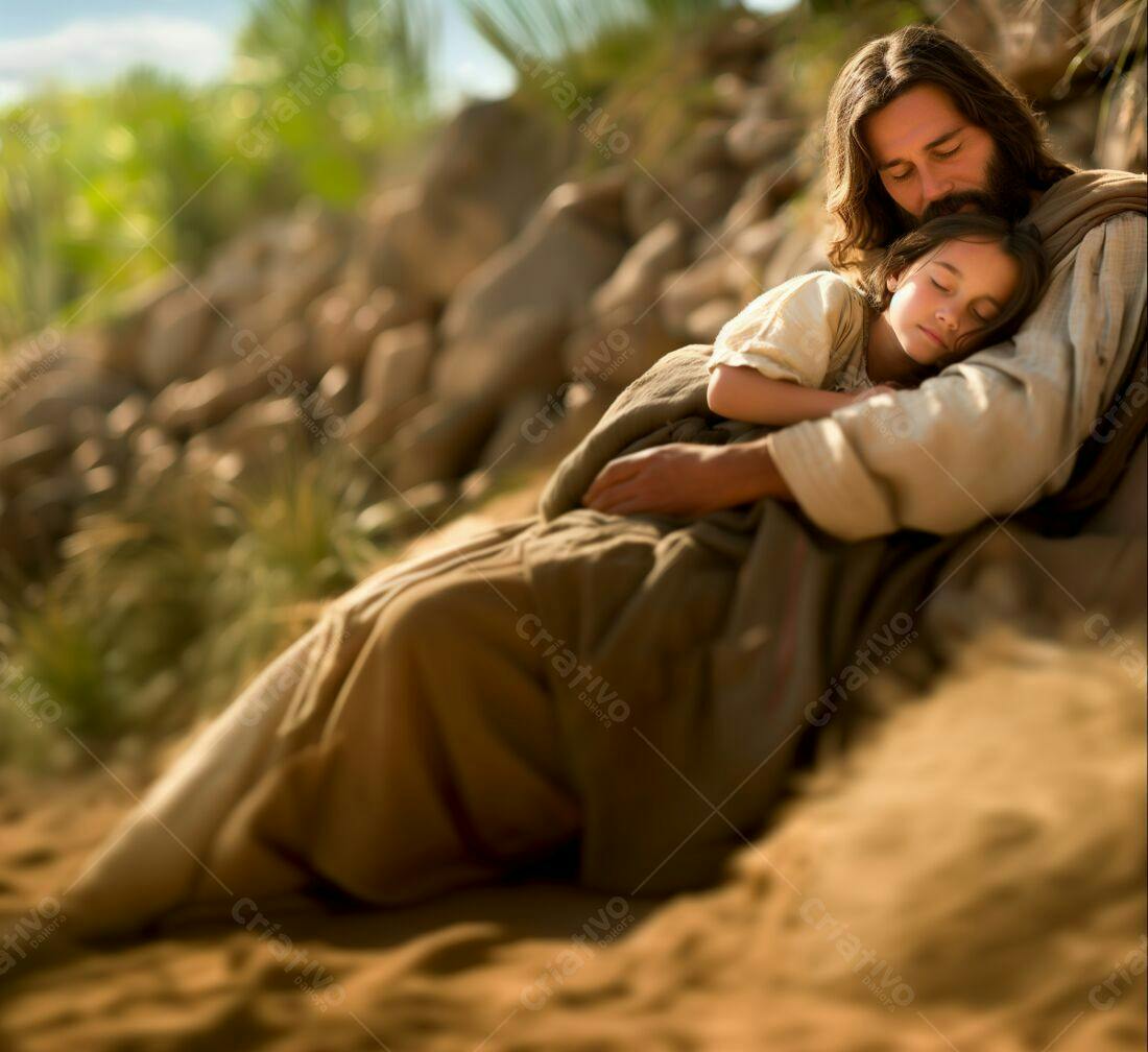 Jesus confortando criança dormindo na areia