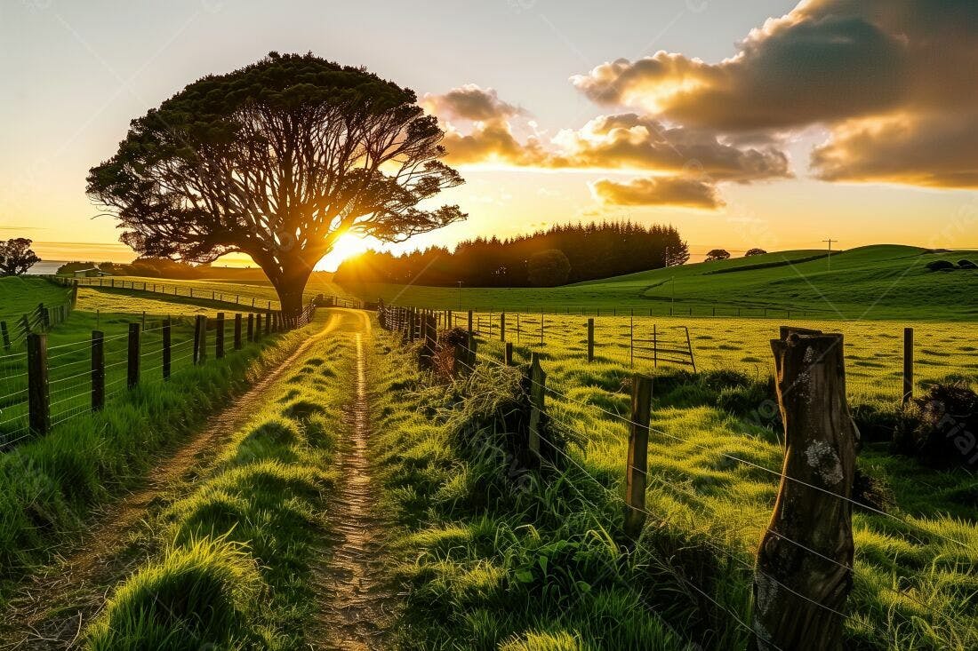 Caminho rural ao pôr do sol árvore imponente