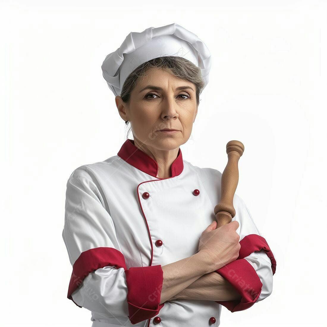 Chef mulher séria com rolo de madeira