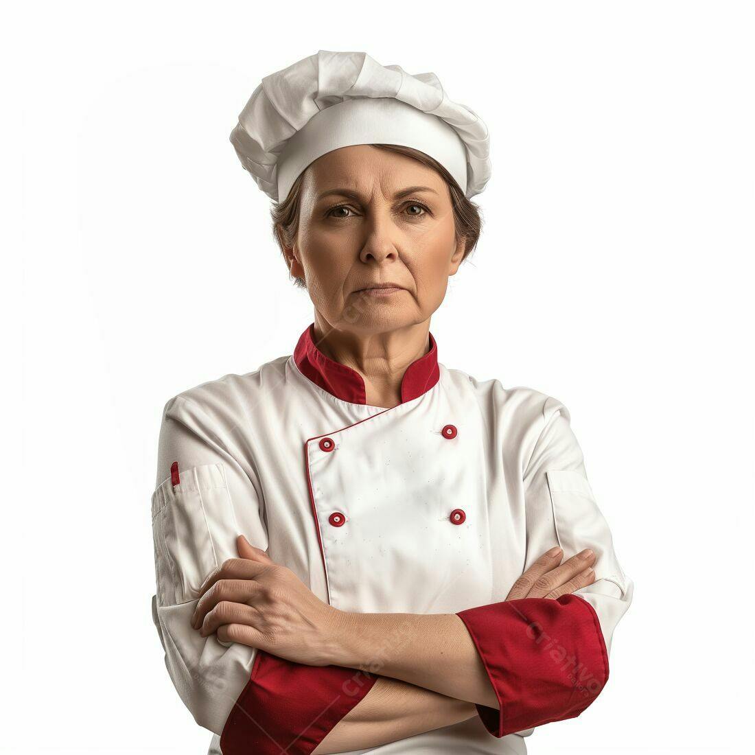 Chef séria de braços cruzados