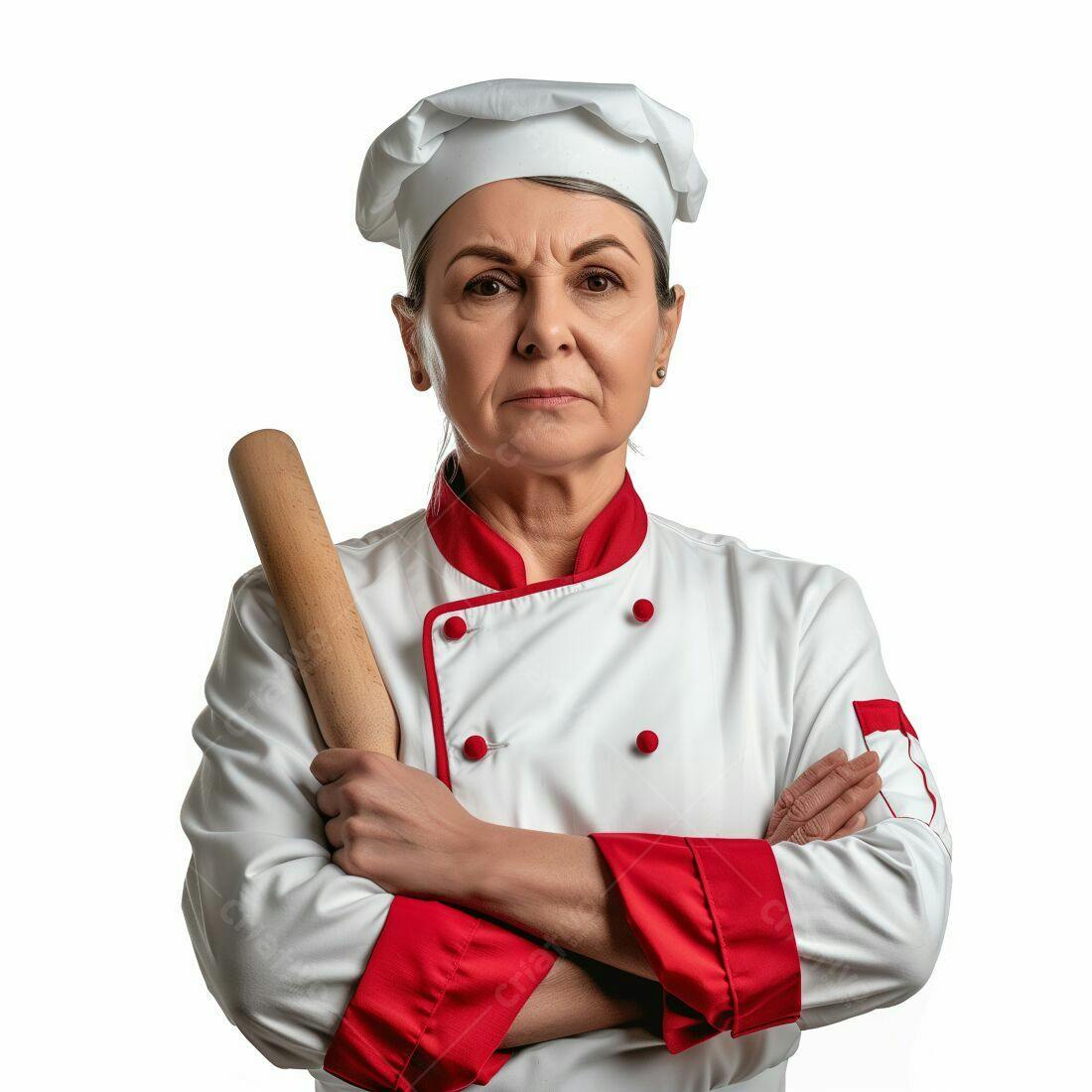 Chef sénior com rolo de massa braços cruzados