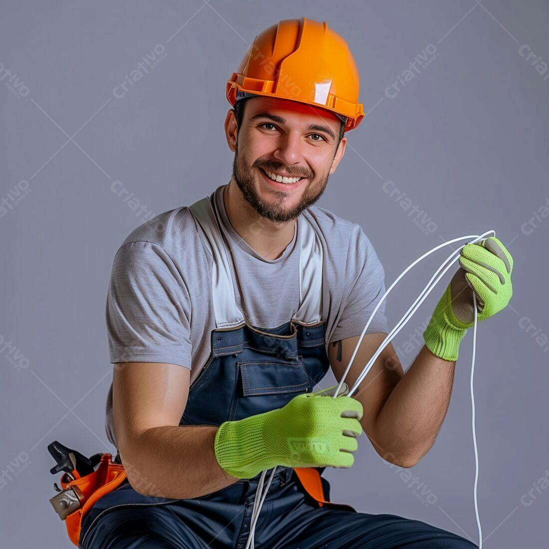Eletricista sorridente com fios elétricos