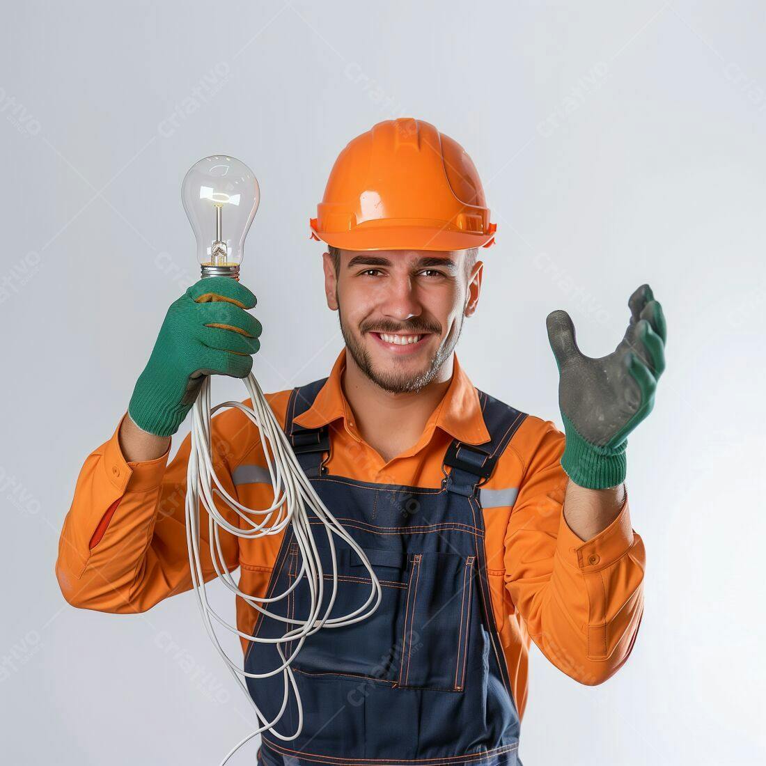 Eletricista sorridente segurando lâmpada e fios