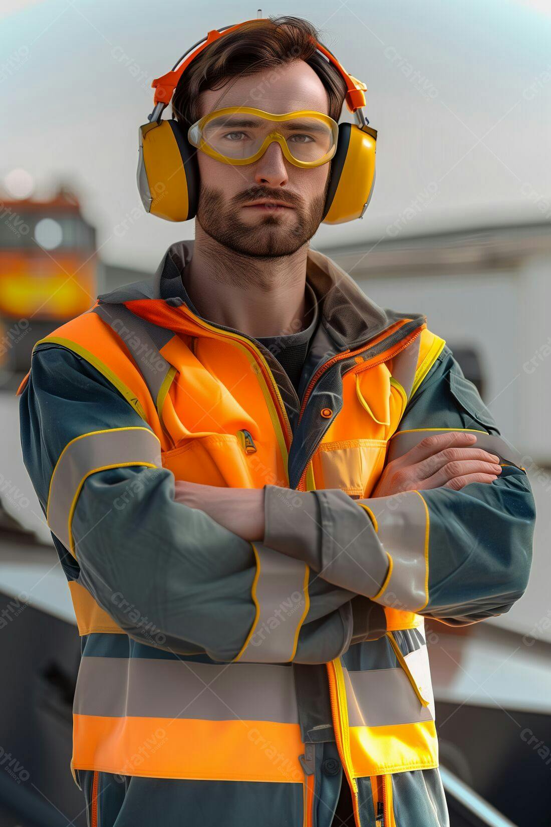 Trabalhador com uniforme laranja e equipamento de segurança