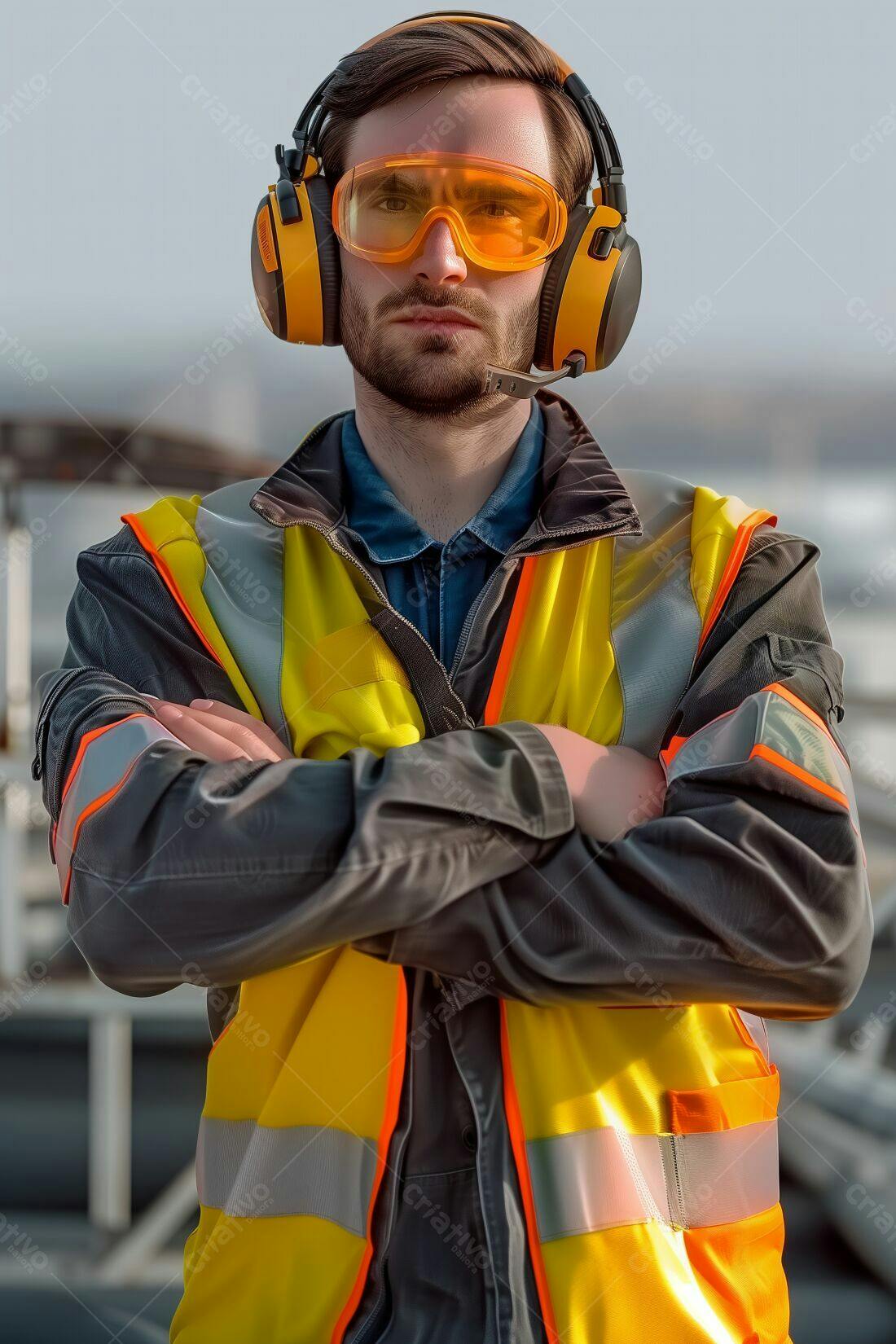 Trabalhador com colete amarelo e óculos de proteção