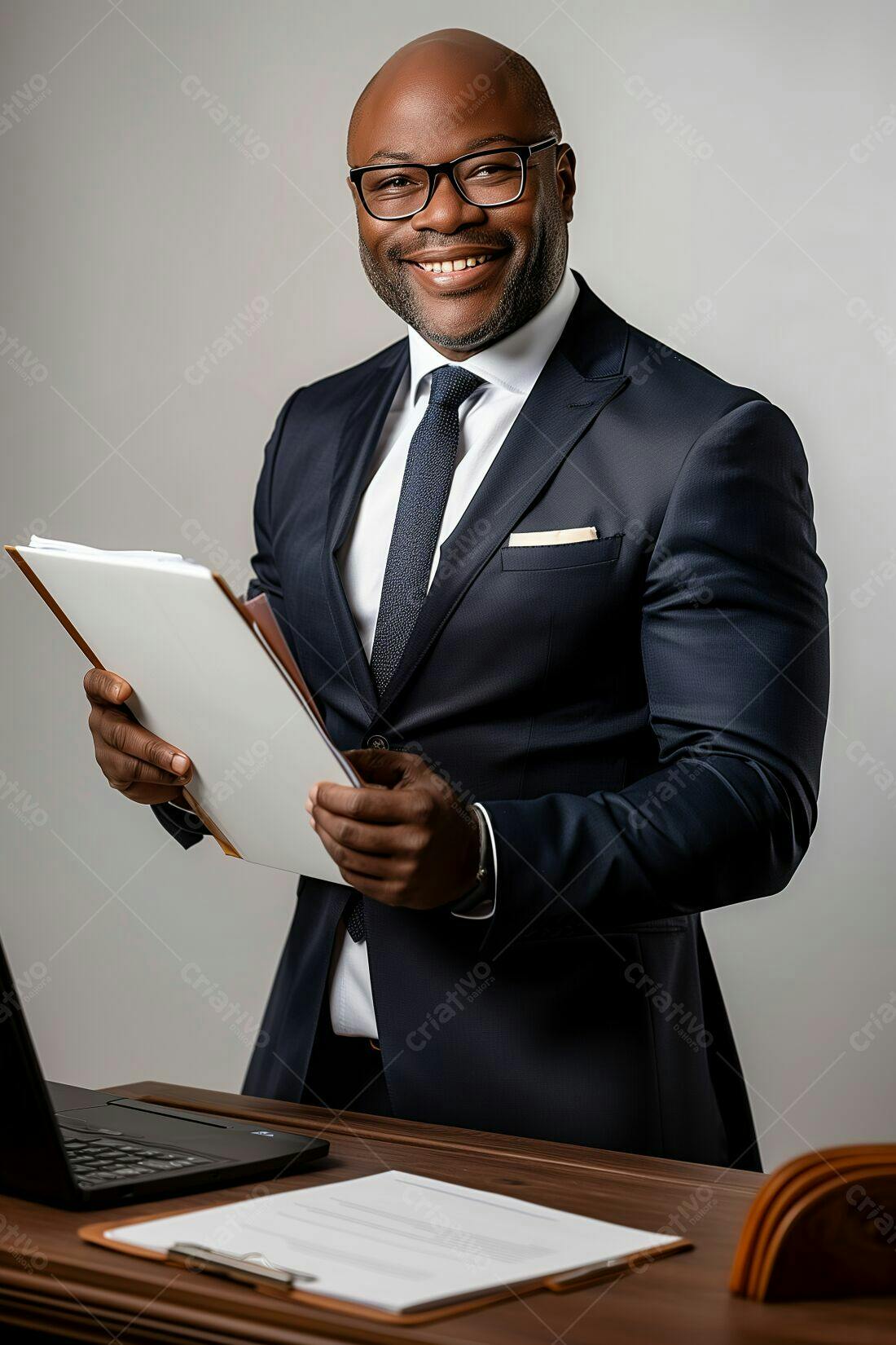 Executivo negro sorridente em escritório