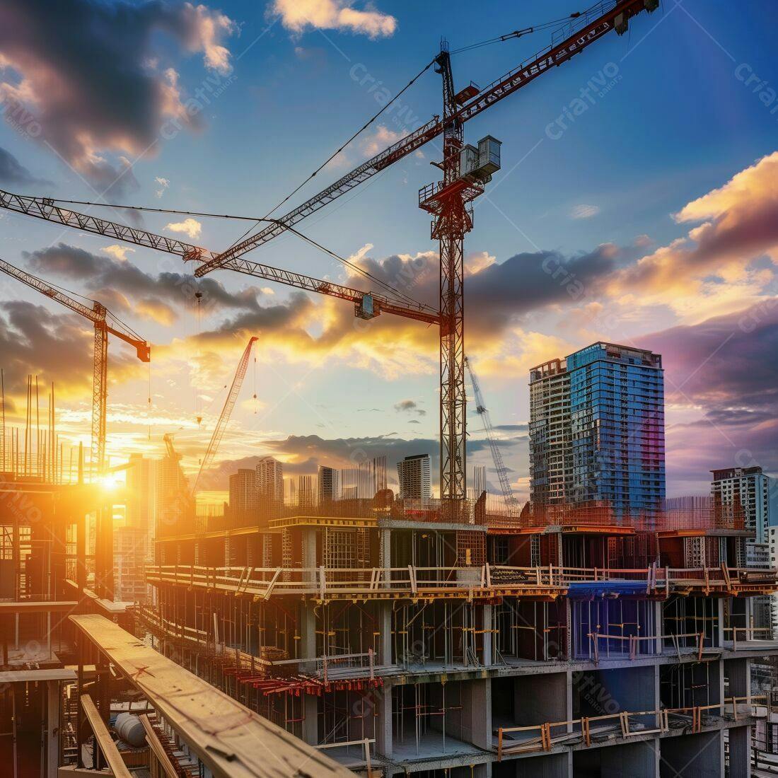 Construção de prédio ao entardecer