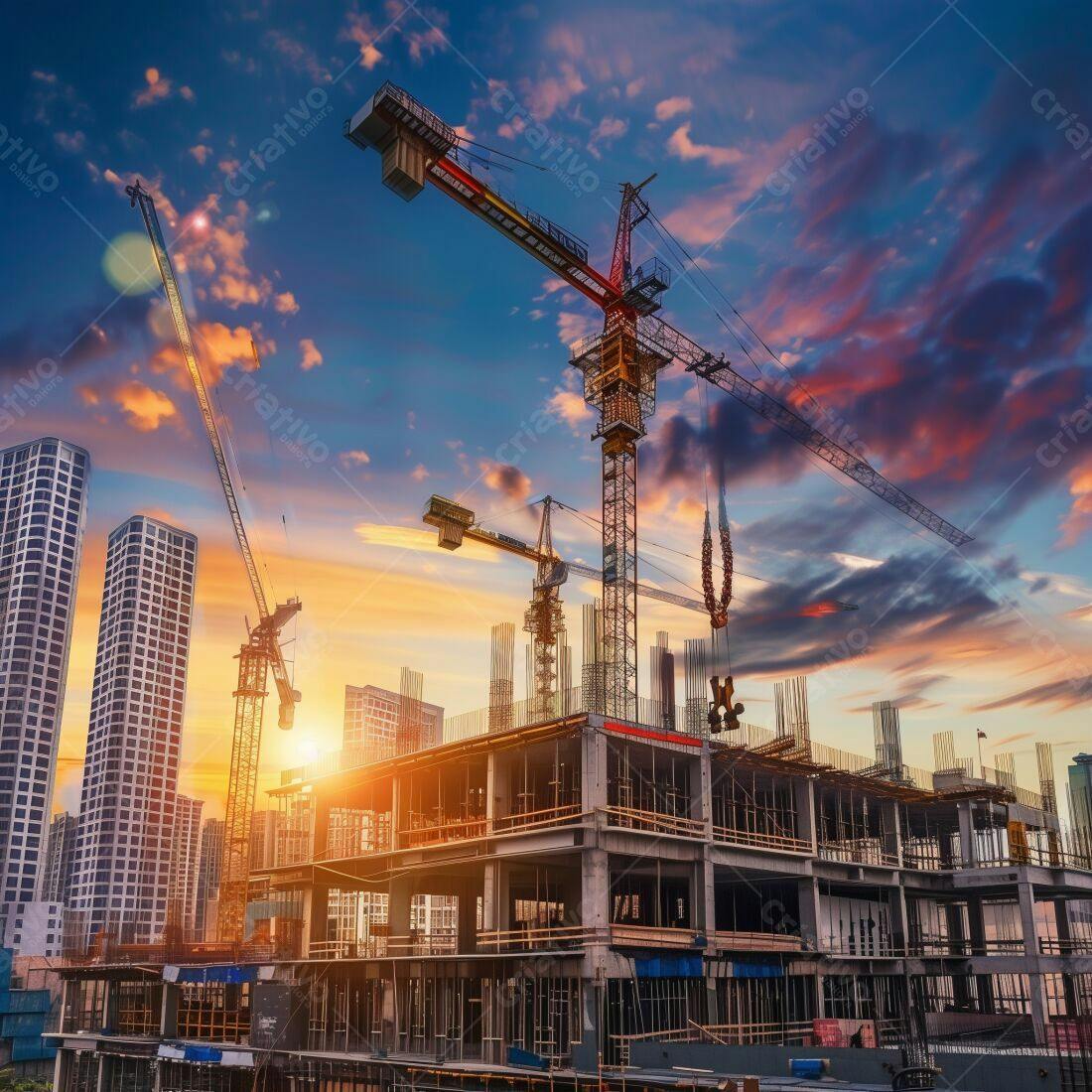 Construção de arranha-céus ao entardecer