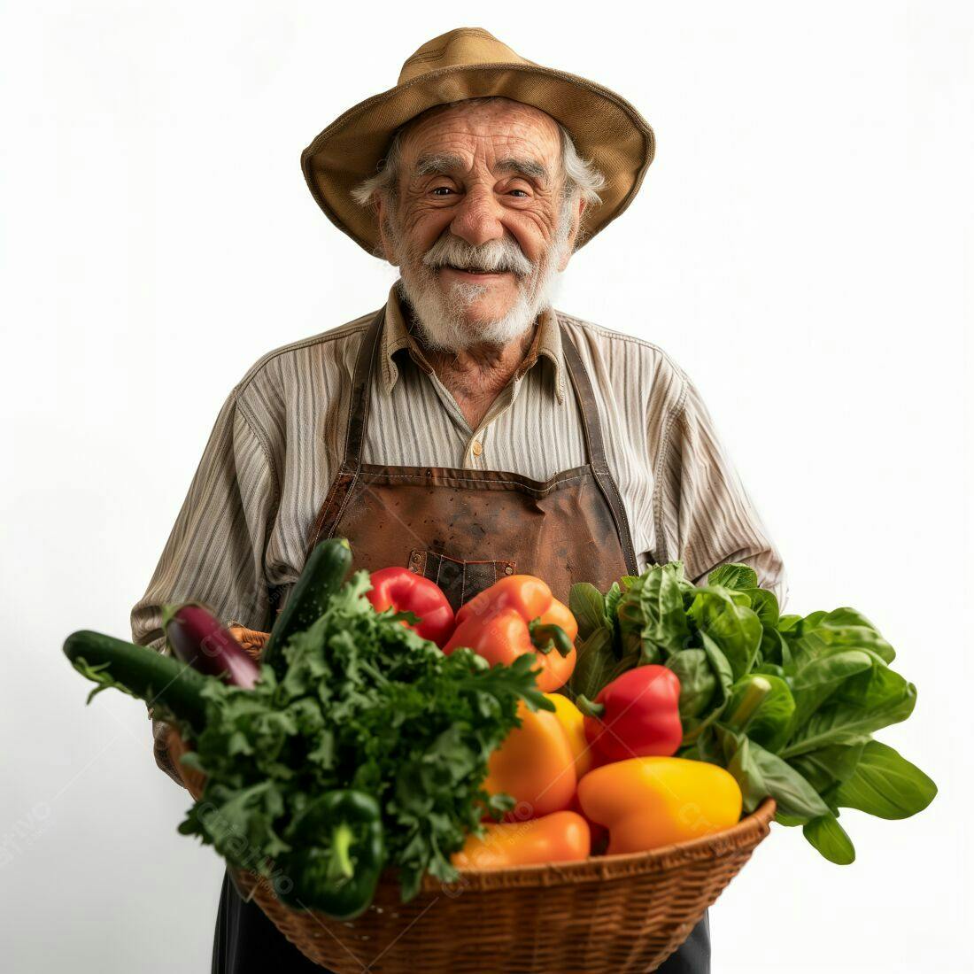 Fazendeiro idoso com cesta de legumes frescos