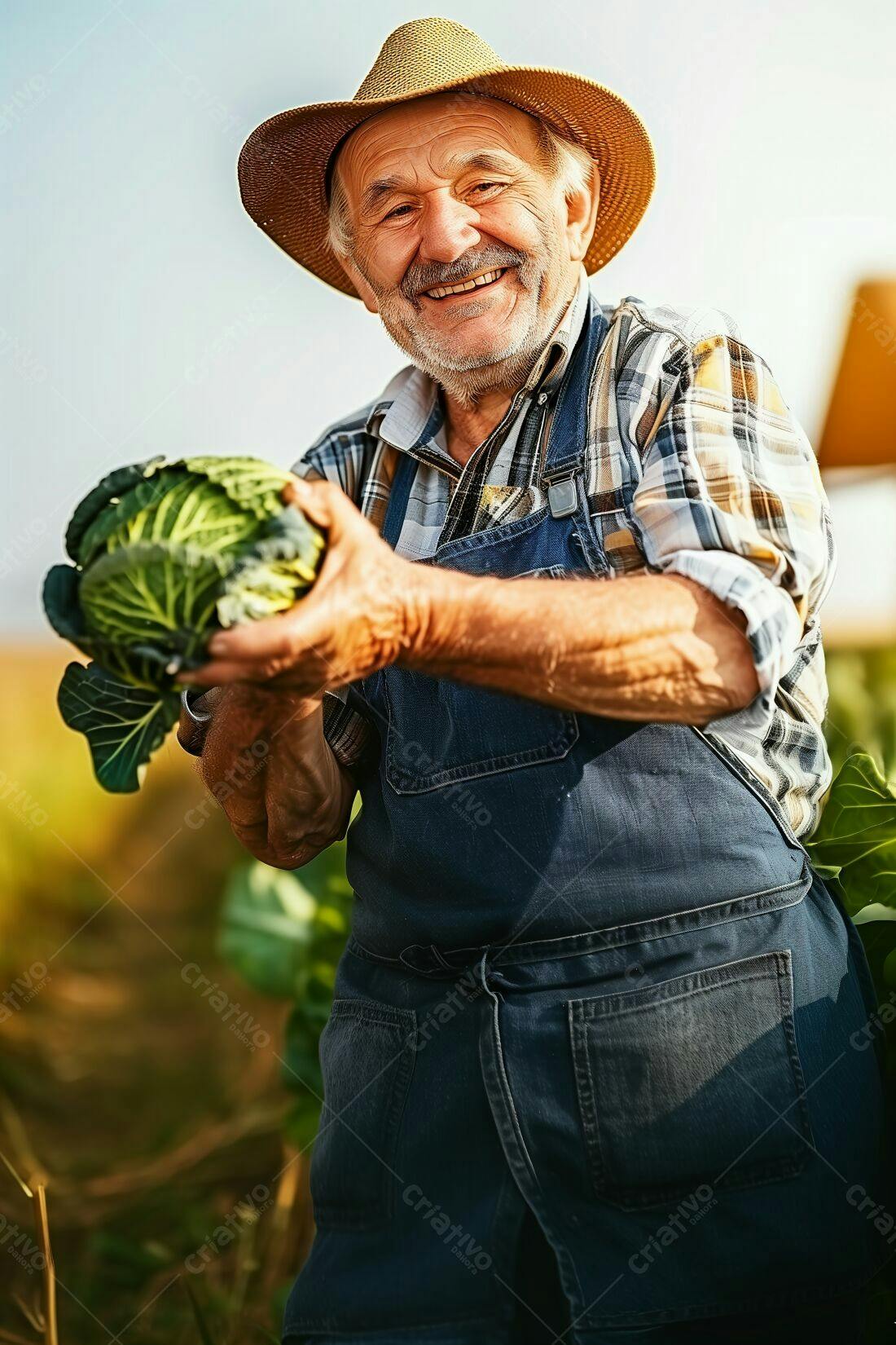 Fazendeiro sorridente segurando repolho no campo