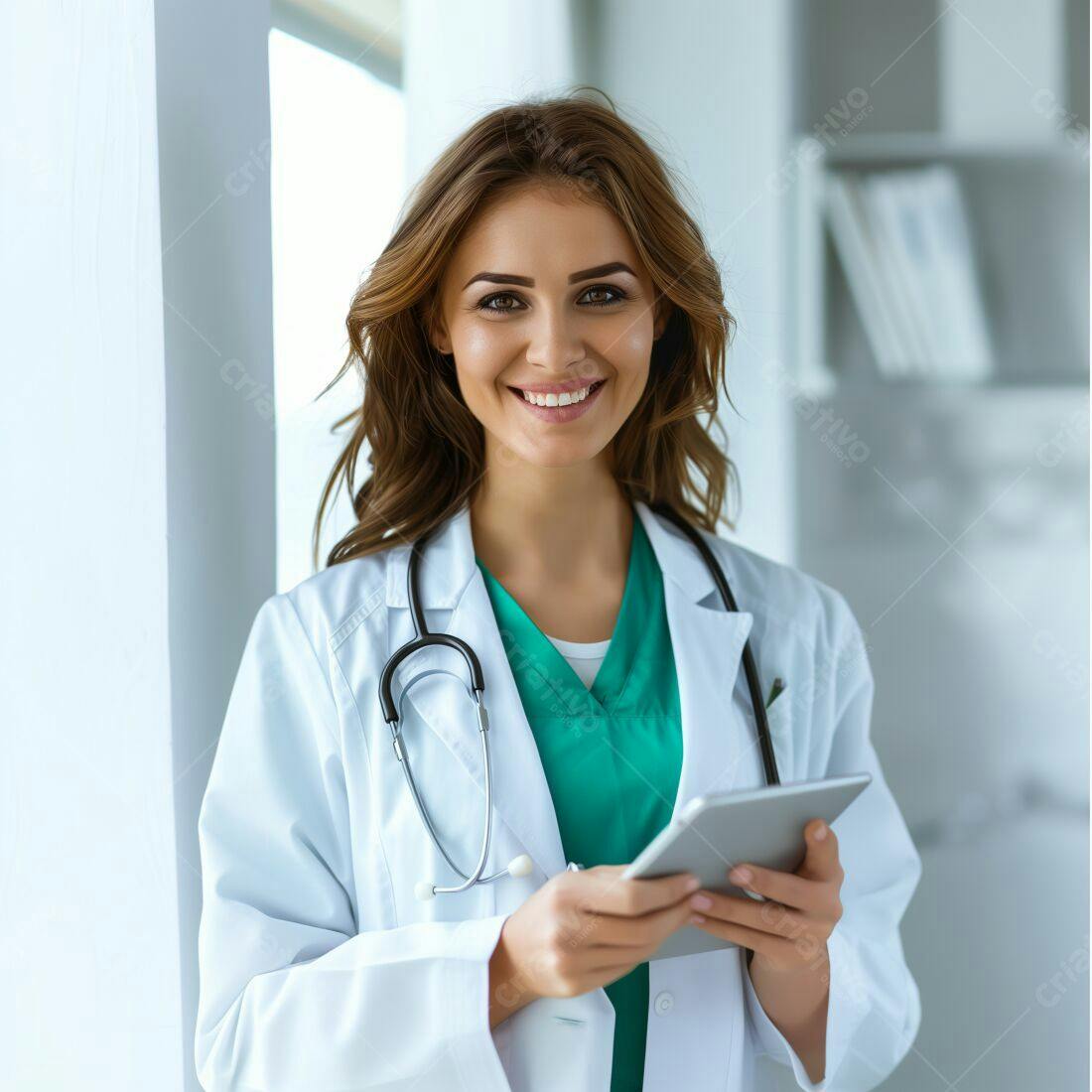 Médica sorridente com tablet em consultório