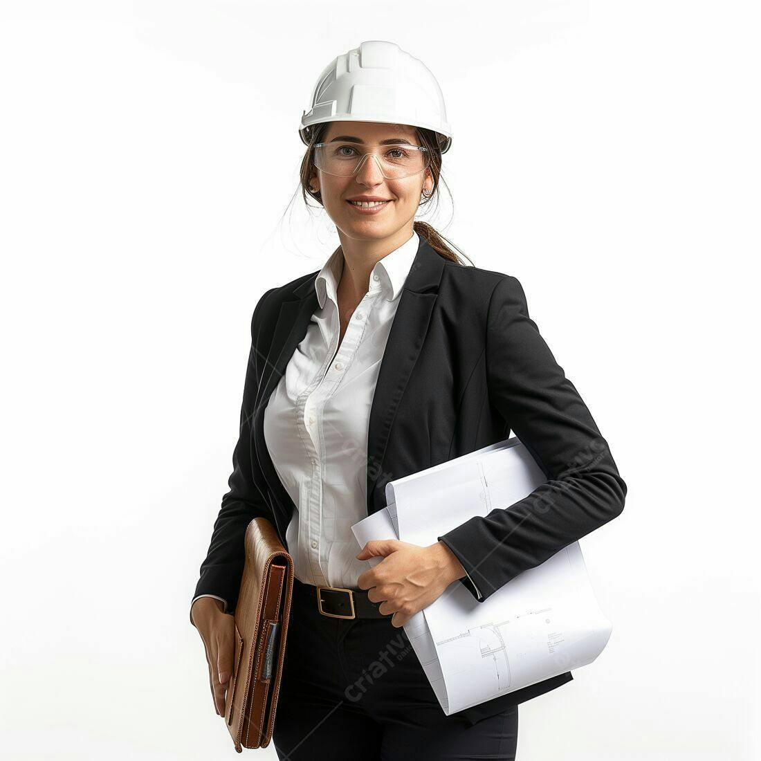 Engenheira sorridente com prancha de projetos