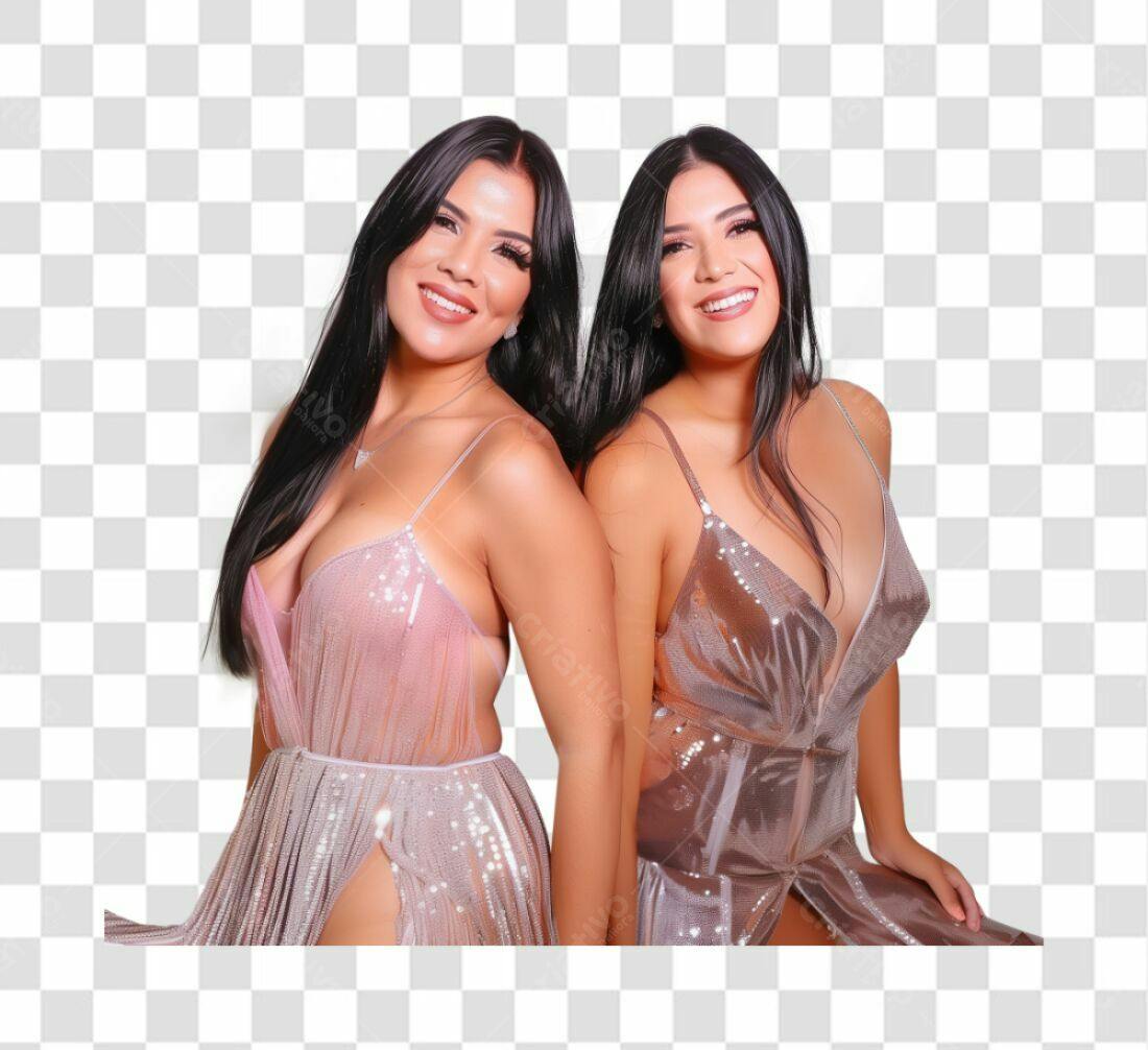 Foto Duas Mulheres Vestidos Rosa e Dourado PNG com fundo transparente