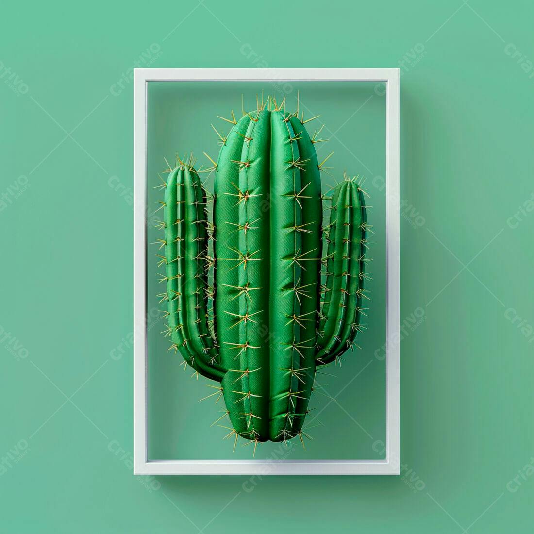 Cacto verde em moldura branca fundo verde