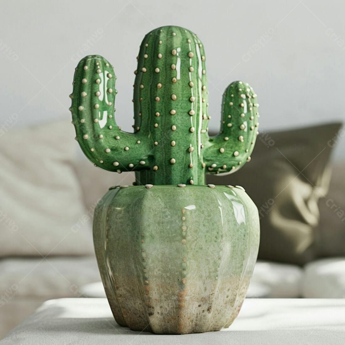 Decoração de cacto verde em vaso cerâmico