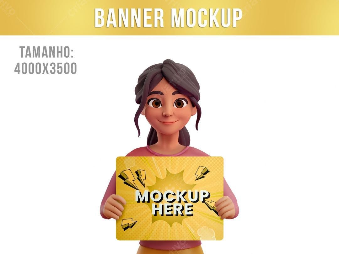 Mockup de Banner Amarelo com Personagem 3D