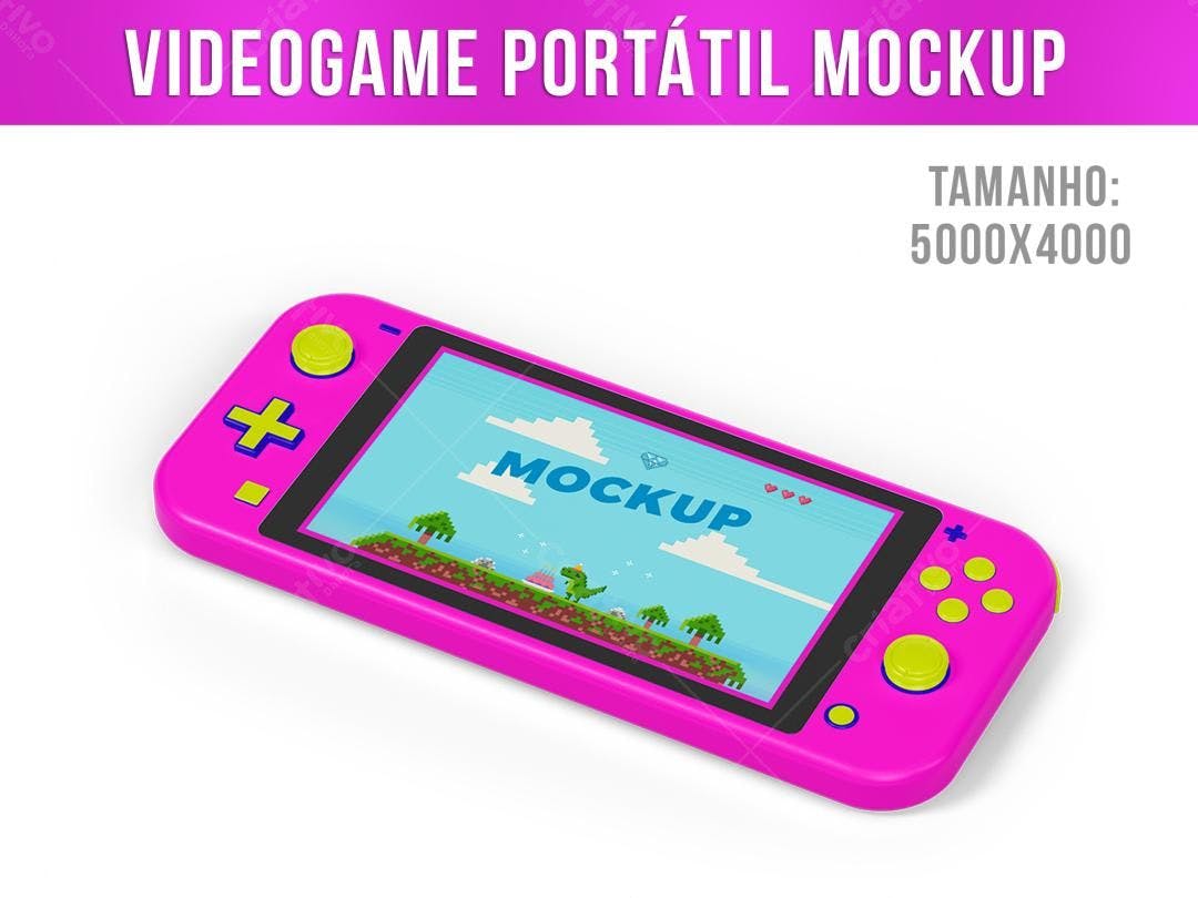 Mockup de Videogame Portátil Rosa com Design Pixel Art