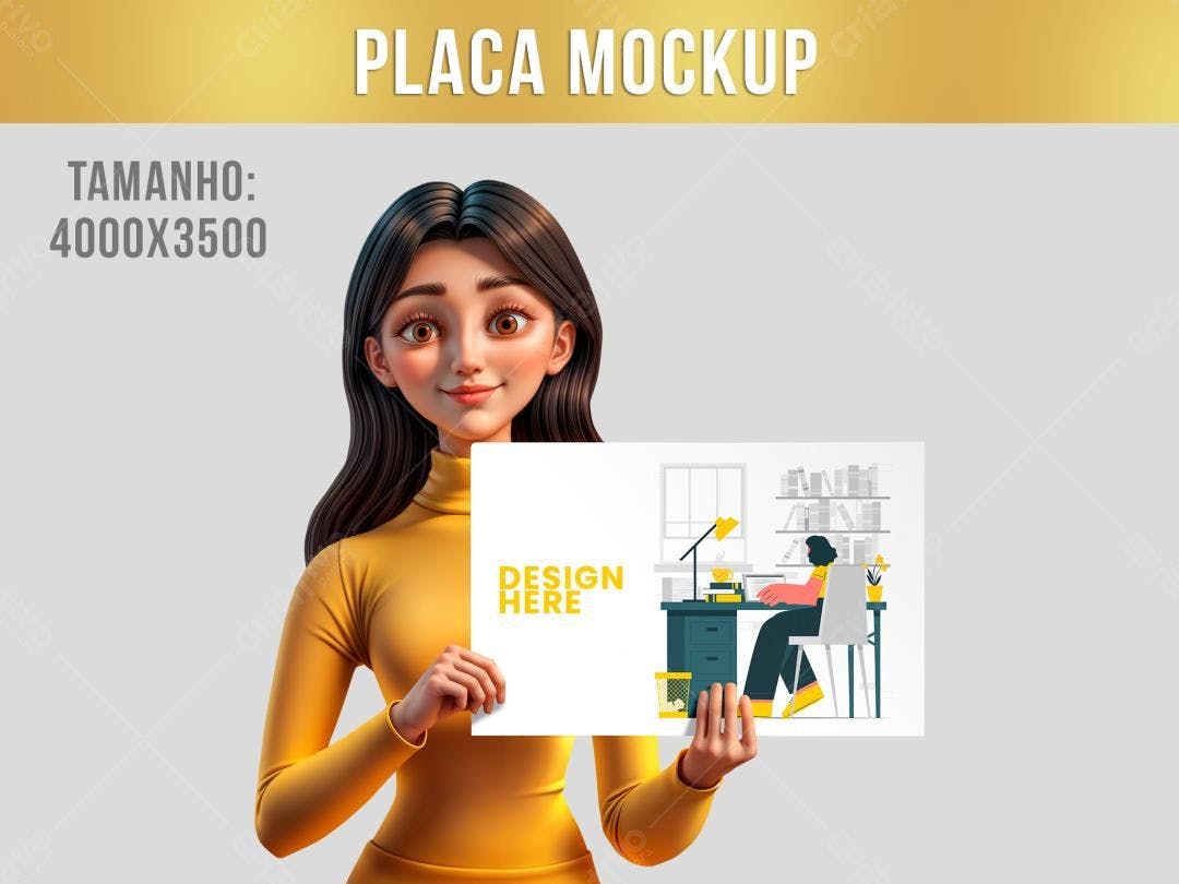 Mockup de Placa com Mulher em Estilo Cartoon Segurando Design Moderno