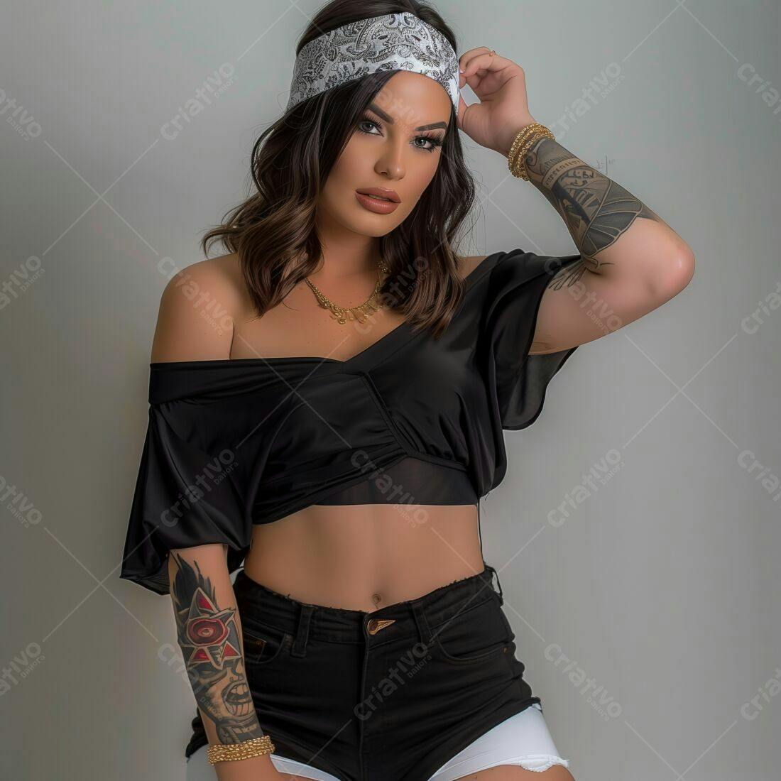 Modelo feminina com tatuagem e bandana