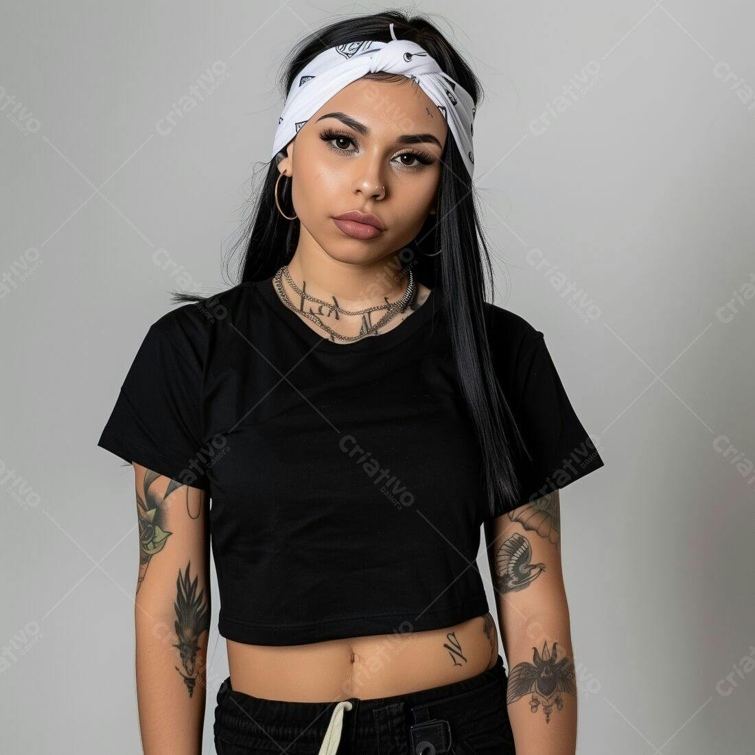 Modelo com camiseta preta e bandana branca
