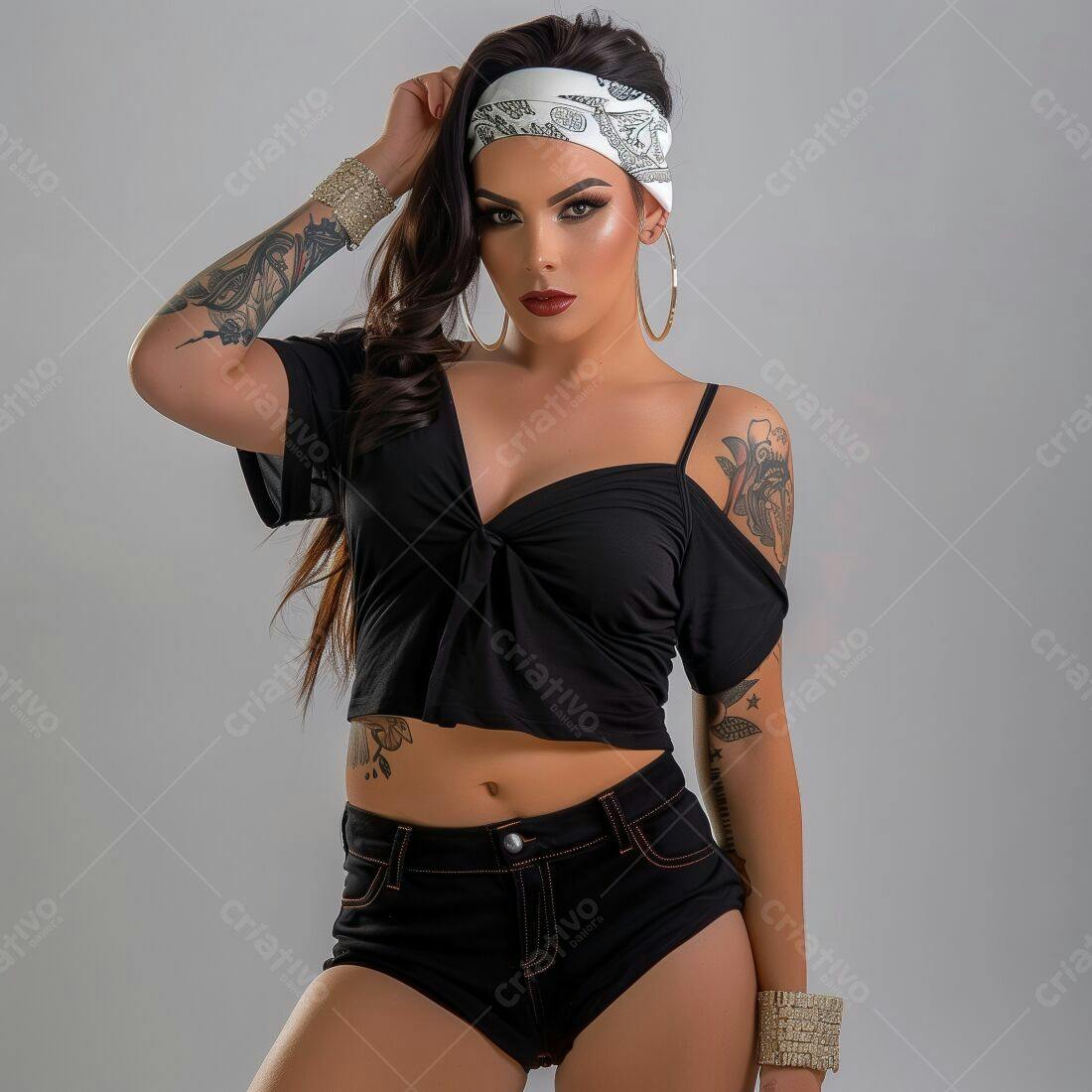 Modelo feminina com tatuagens e bandana