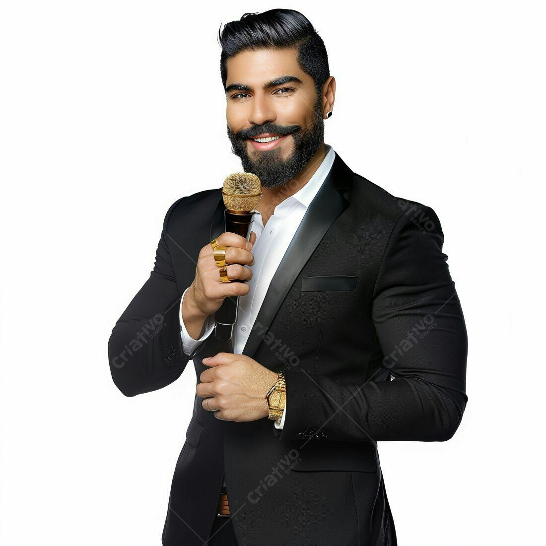 Homem com terno preto segurando microfone