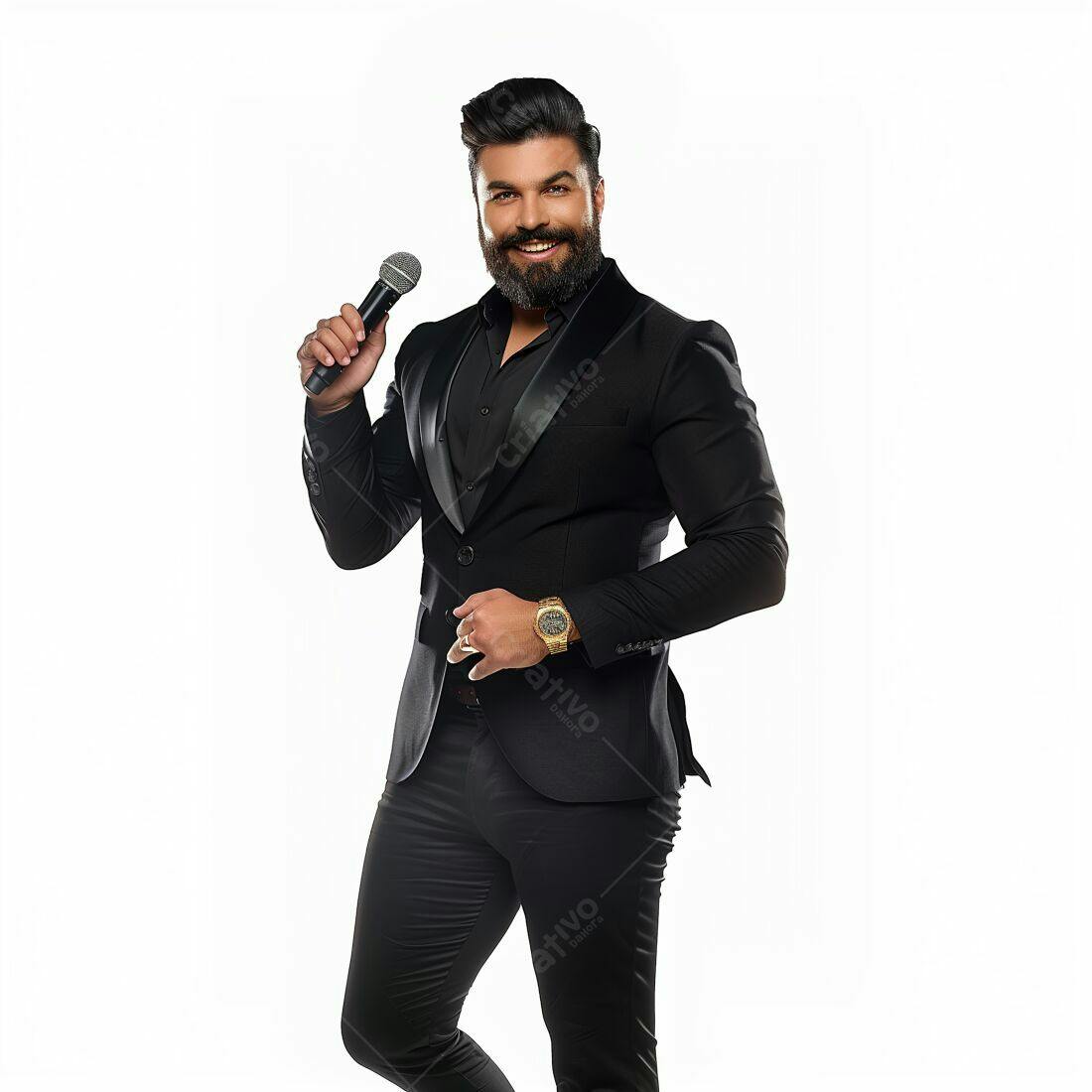 Homem barbudo com terno preto segurando microfone