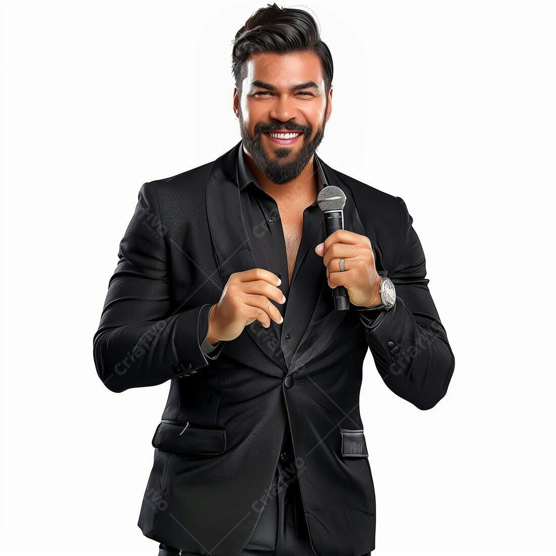 Cantor segurando microfone com sorriso
