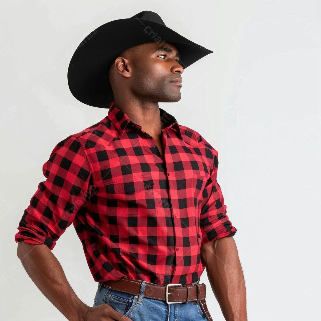 Homem negro usando chapéu de cowboy camisa xadrez vermelha