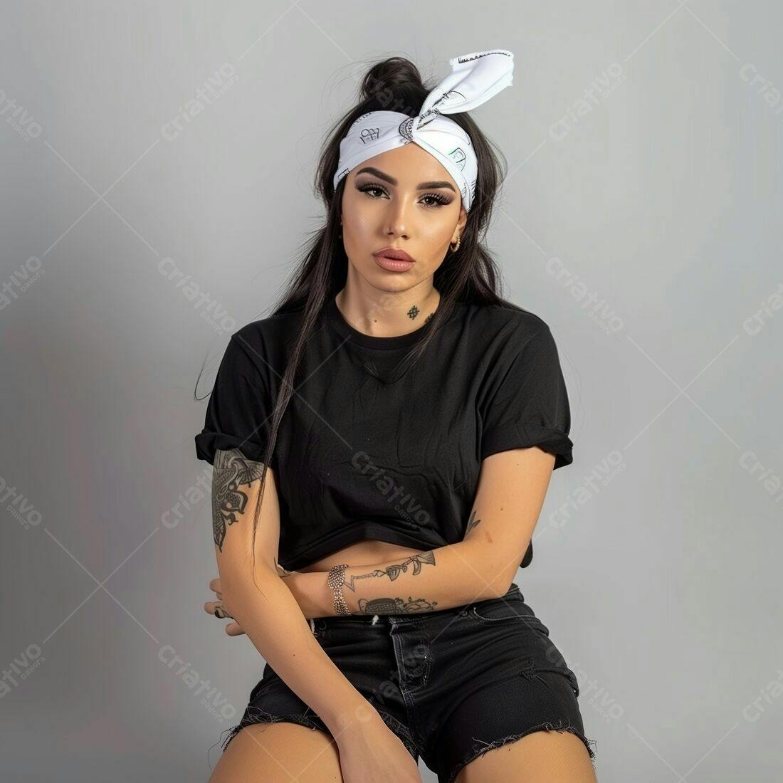 Mulher com bandana branca e tatuagens em estúdio