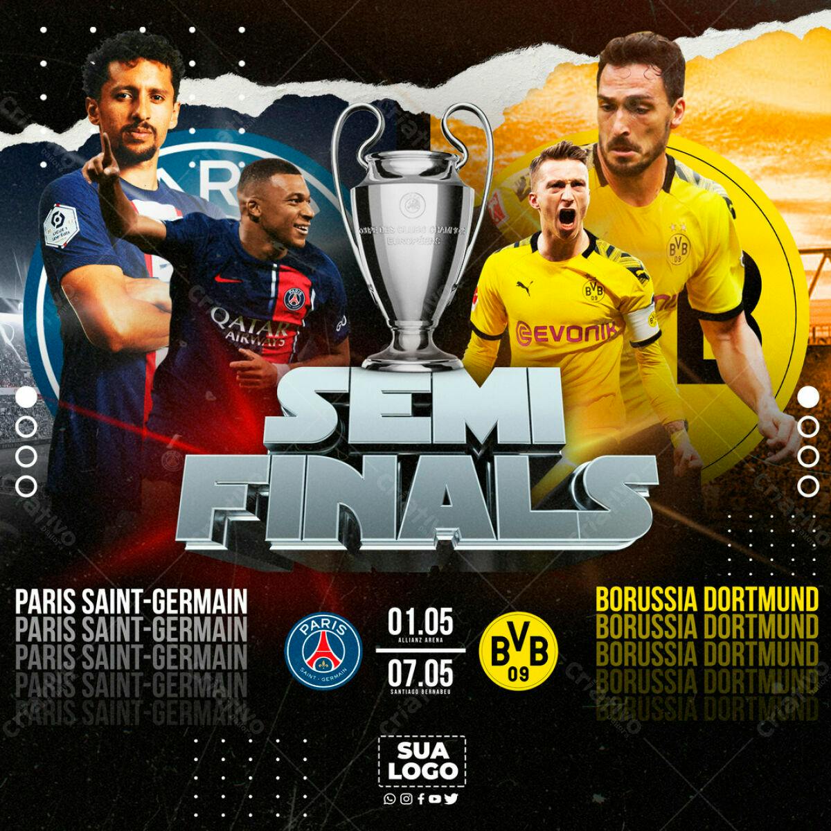 Flyer PSG x Borussia Dortmund - Semifinais PSD Editável