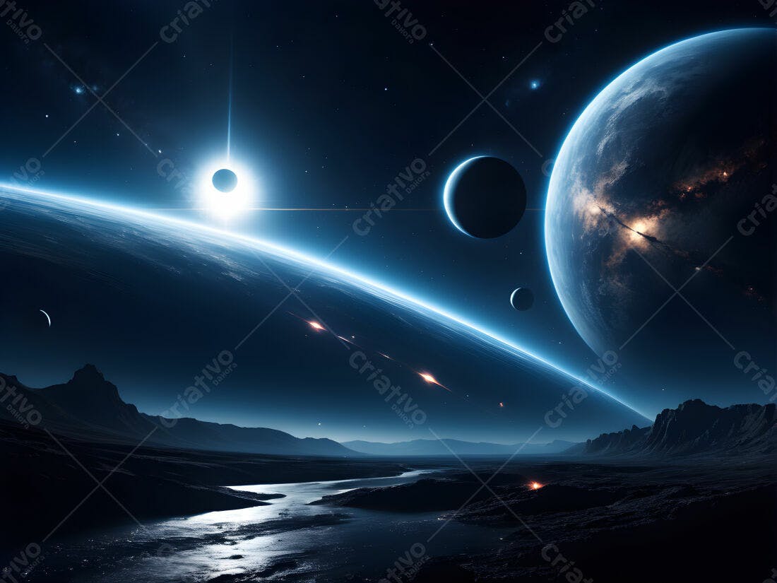 Paisagem alienígena com eclipse e planetas