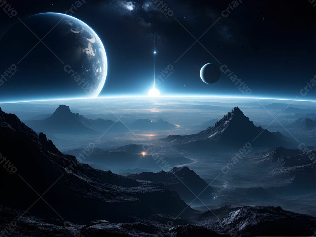 Planeta alienígena com montanhas e dois sóis
