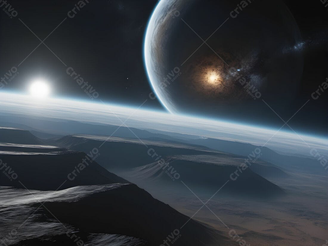 Planeta alienígena com dois sóis e montanhas escuras