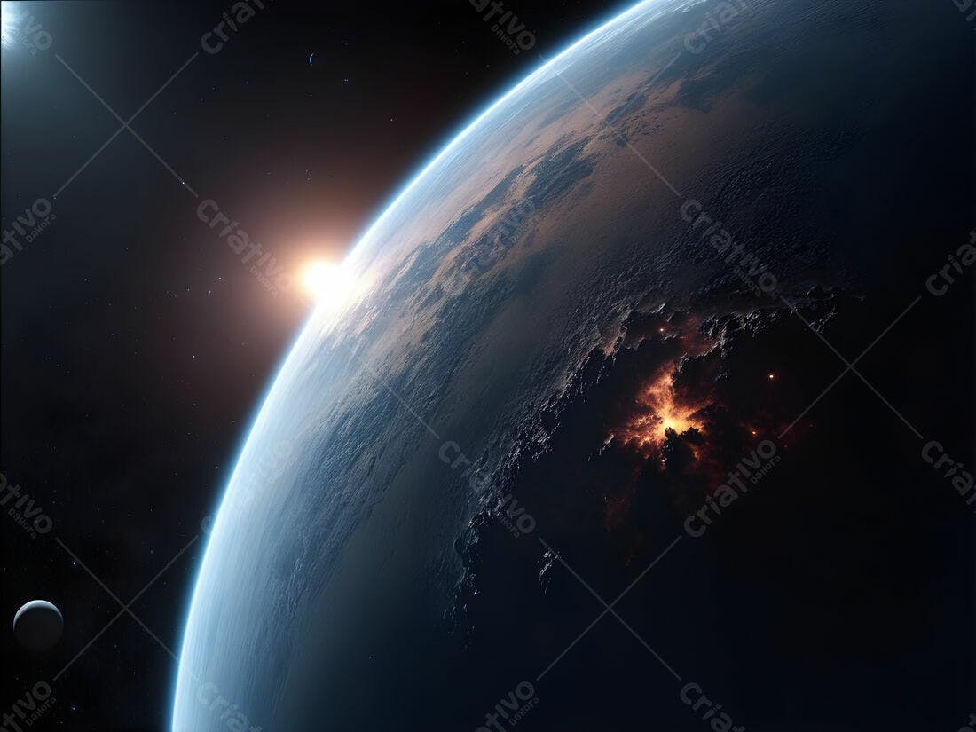 Planeta com erupção vulcânica ao nascer do sol