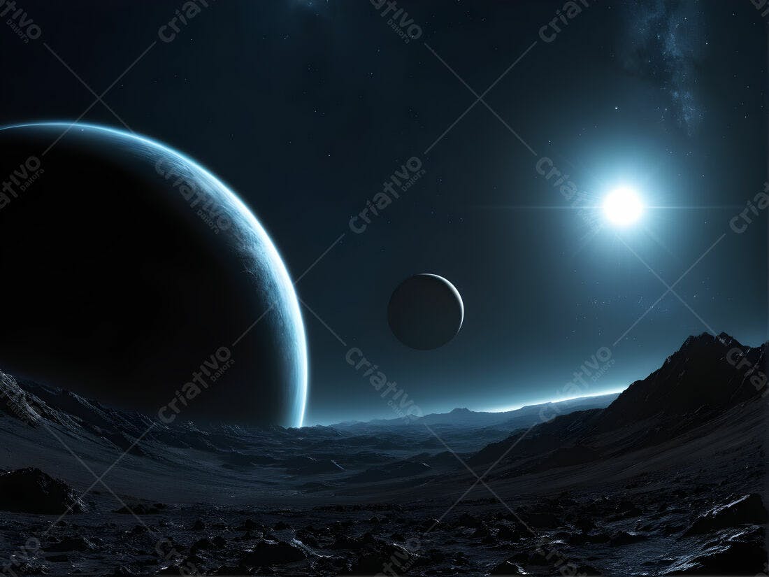 Planeta alienígena e sol brilhante em paisagem rochosa
