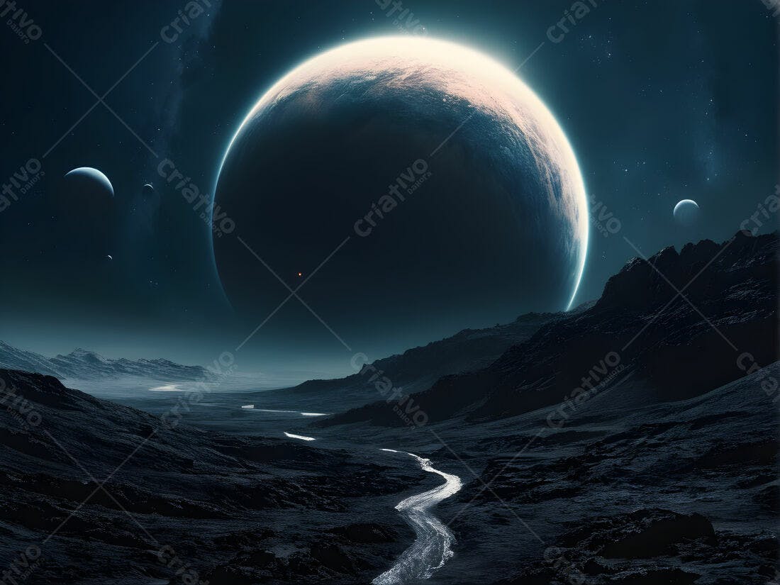 Paisagem alienígena noturna com rio e planetas