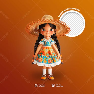 Uma boneca 3d com chapéu de palha para festa junin
